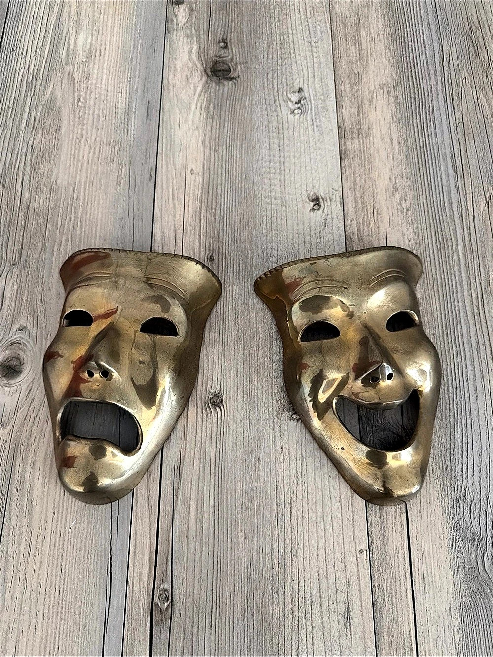 Comedy & Tragedy Brass 7" X 5" Theater Masks Warm aged patina